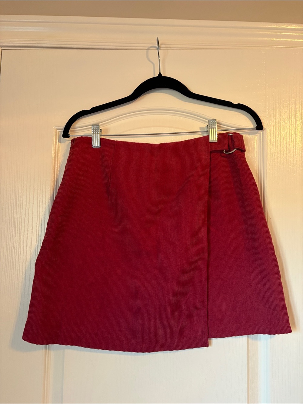 Red Corduroy Wrap-Style Mini Skirt with Silver Buckle